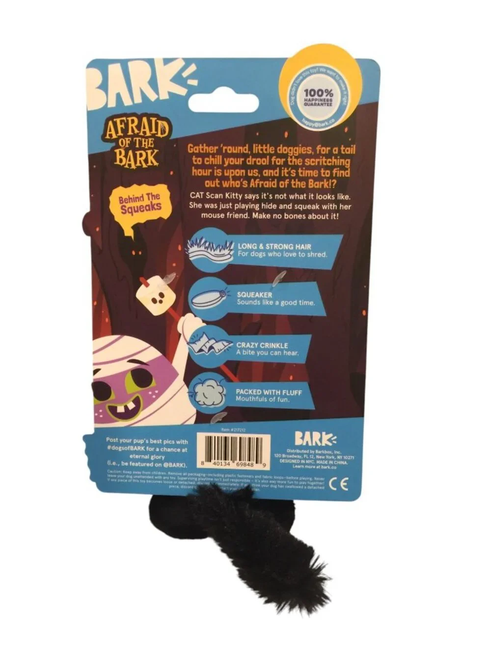 BARK Fetch It Cat Scan Kitty Plush Dog Toy Crinkle Squeak Afraid of the Bark